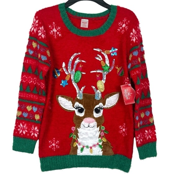 Christmas Reindeer Girls Holiday Time Sweater Size Large (10-12) - Picture 1 of 8